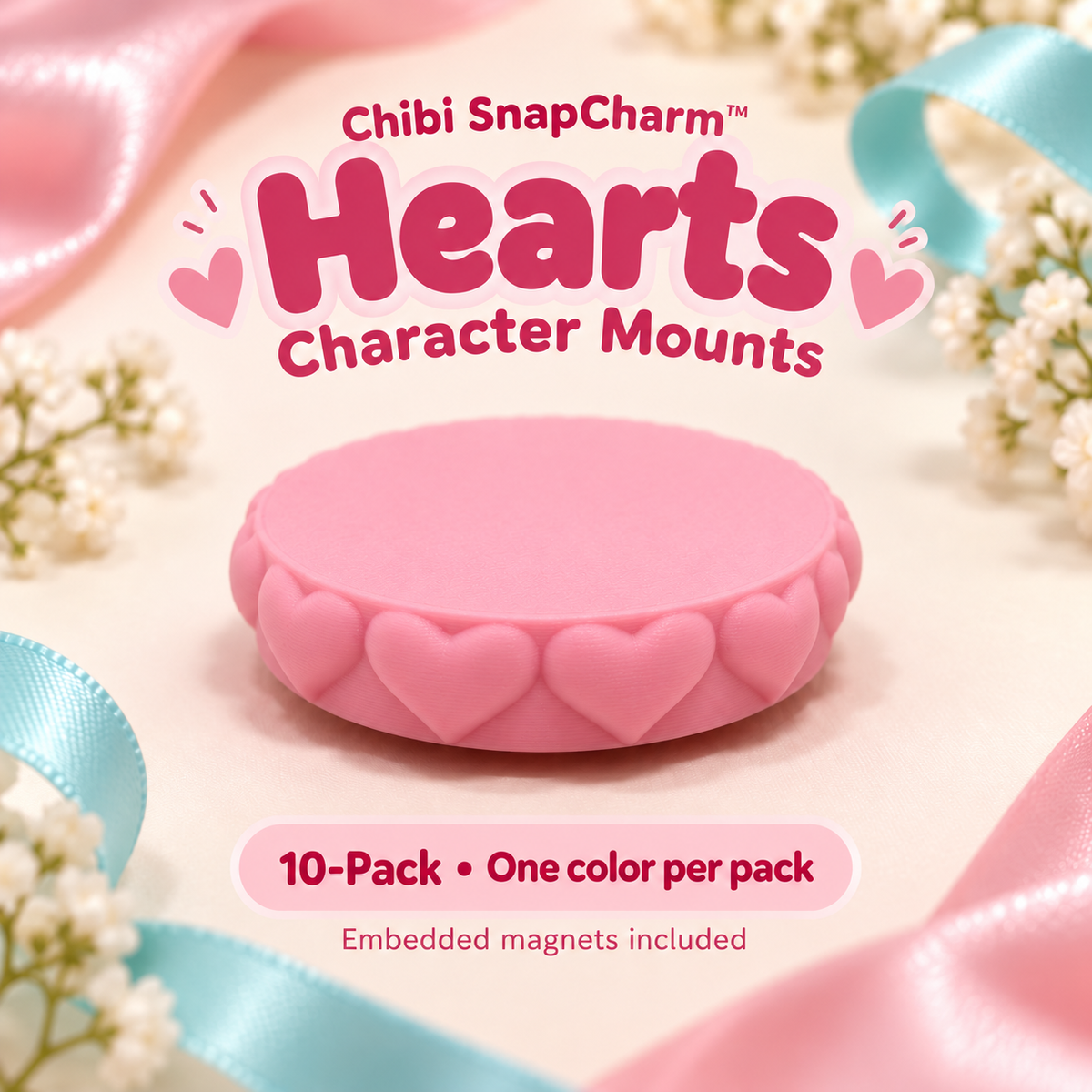 Pink Hearts Character Mounts, 10-pack in one selected color with embedded magnets