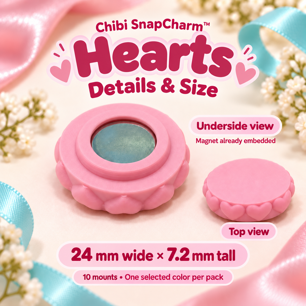 Hearts mount top and underside views, 24 mm wide and 7.2 mm tall