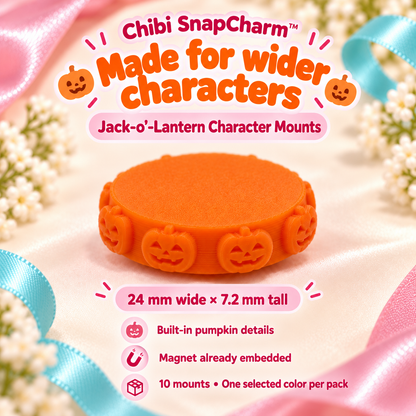 Jack-o’-Lantern Character Mounts, 24 mm wide by 7.2 mm tall, embedded magnets