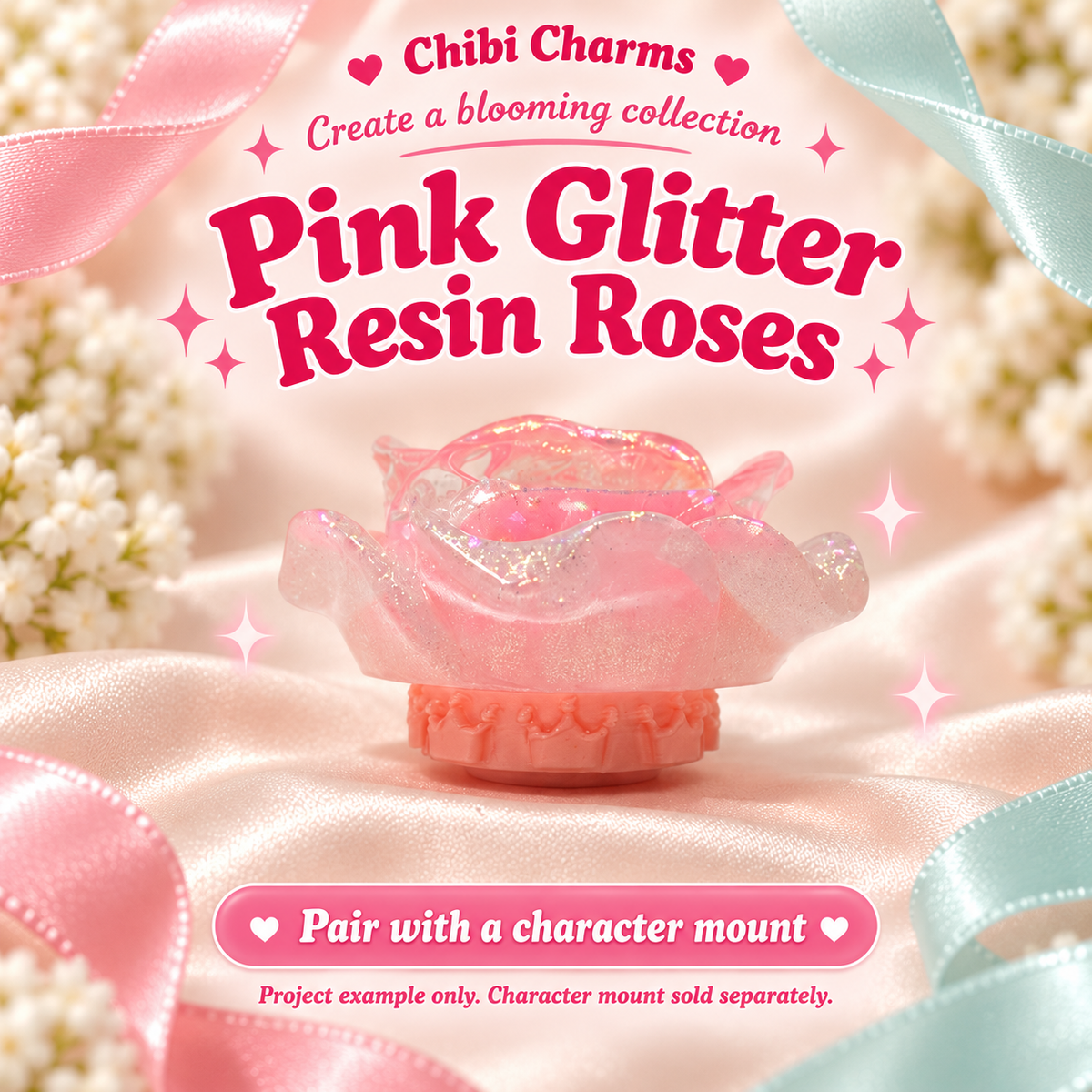 Pink glitter resin roses, mount-example. Pack of five roses; project accessories not included.