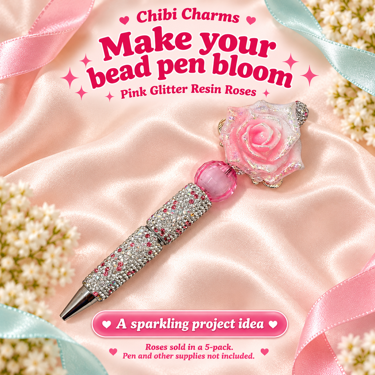 Pink glitter resin roses, pen-example. Pack of five roses; project accessories not included.