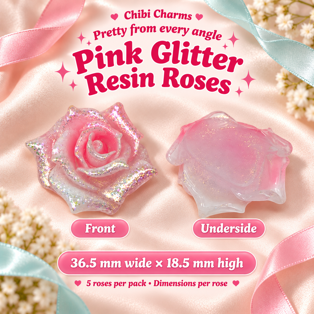 Pink glitter resin roses, size-underside. Pack of five roses; project accessories not included.