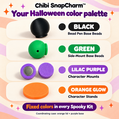Close-ups of the Spooky Creator Kit's fixed colors: black pen base beads, green side-mount beads, lilac purple mounts and orange glow Character Stands.