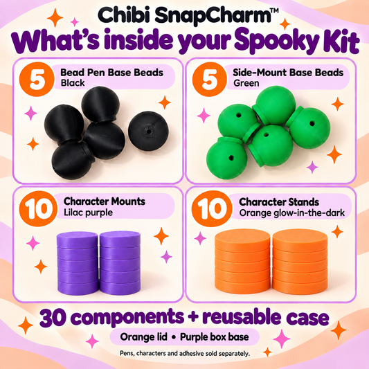 Spooky Creator Kit contents: five black Bead Pen Base Beads, five green Side-Mount Base Beads, ten lilac Character Mounts, ten orange Character Stands and a reusable case.
