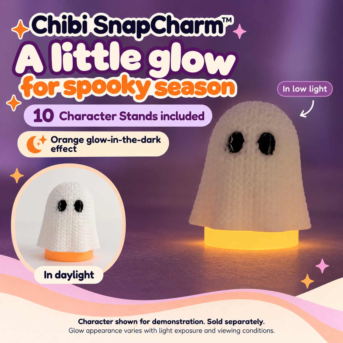 Styled day and low-light views of an orange glow-in-the-dark Character Stand beneath a white ghost demonstration character. Character sold separately.