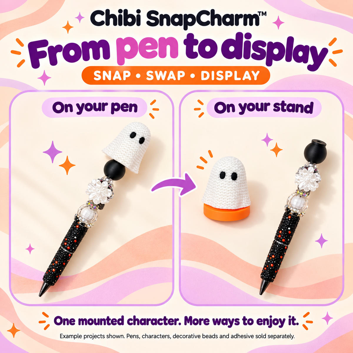 Styled comparison showing the same ghost character on a SnapCharm pen and an orange Character Stand. Example pens, characters and decorative supplies are sold separately.