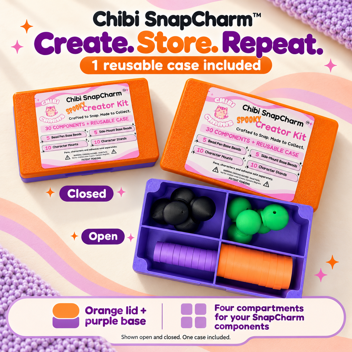 Styled open and closed views of the same reusable Spooky Creator Kit case with an orange lid, purple base and four storage compartments. One case included.
