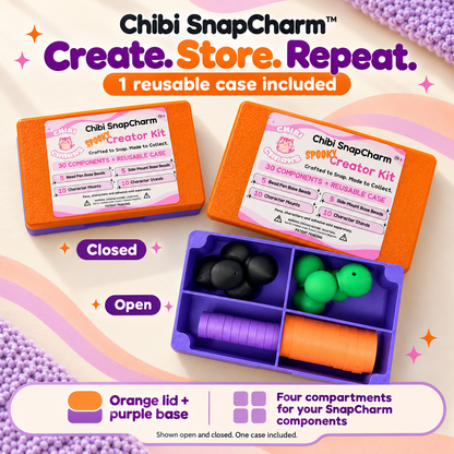 Styled open and closed views of the same reusable Spooky Creator Kit case with an orange lid, purple base and four storage compartments. One case included.