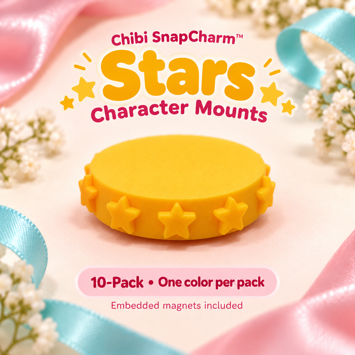 Yellow Stars Character Mounts, 10-pack in one selected color with embedded magnets